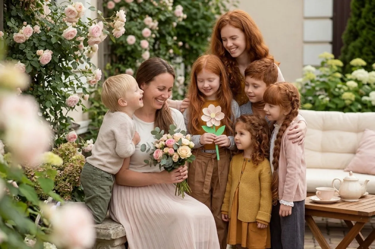 Family together in one warm outdoor celebration portrait